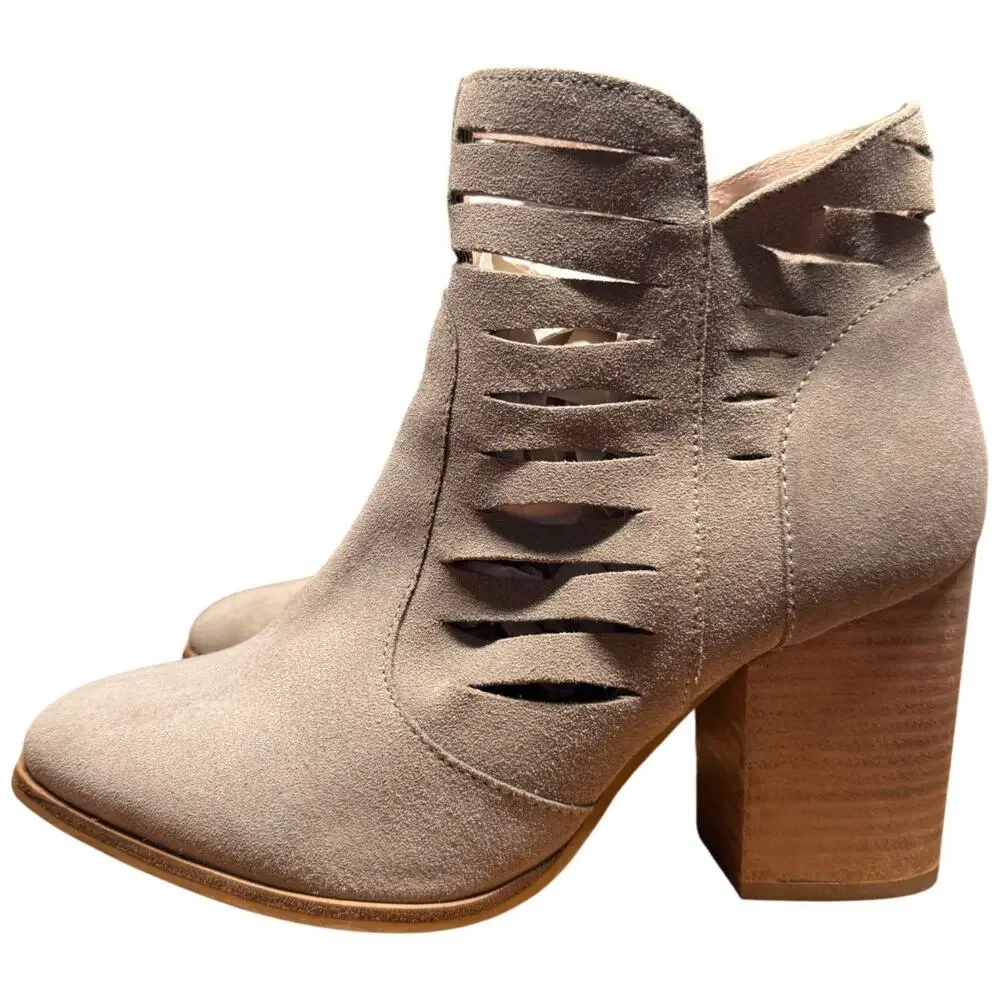 SEYCHELLES Let's Go Crazy Women 8.5 Taupe Suede Cutout Block Heel Ankle Boots